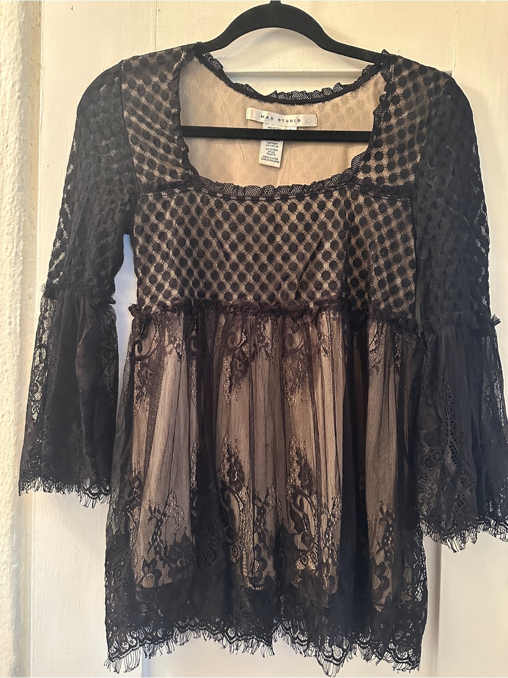 Max Studio Black Lace Overlay Peasant Tunic